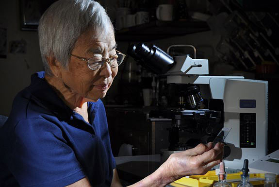 Dr. Isabella Abbott at microscope