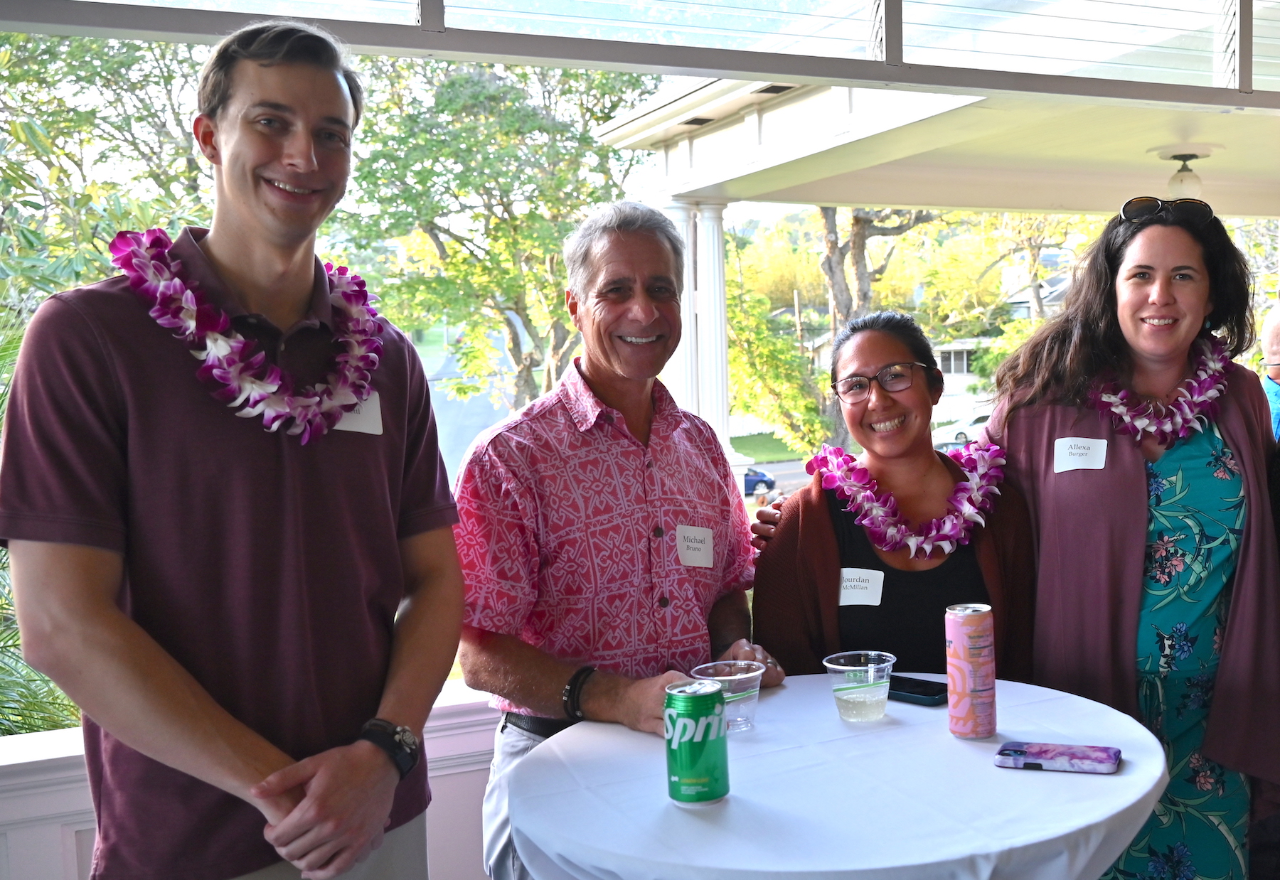 Michael Bruno with (from left wearing lei) Shane Geottl, Jordan Posner McMillan, Allexa Dow Burger Provost Michael Bruno with three ARCS Scholar alumni