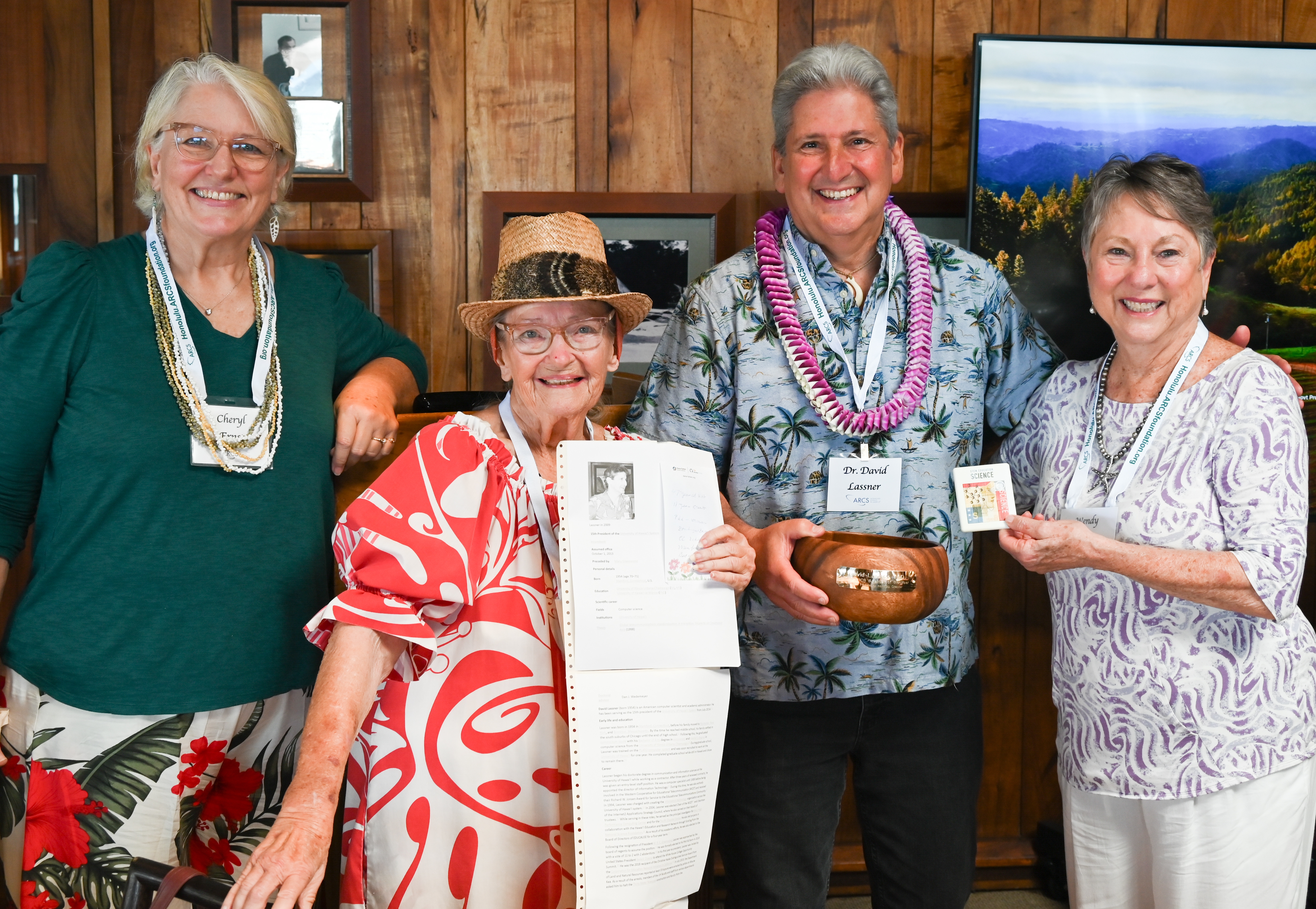Cheryl Ernst, Jacquie Maly, David Lassner Wenday Lagareta bowl presentation