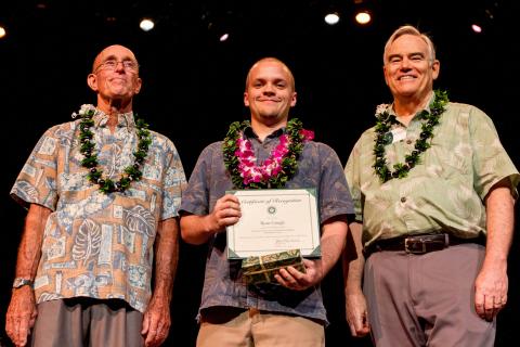 UH Regent Randolph Moore, ARCS SCholar Ryan Gough, UH Manoa Chancellor Robert Bley-Vroman Randolph Moore, Ryan Gough, Robert Bley-Vroman