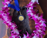 ARCS Scholar medal in center of purple orchid lei